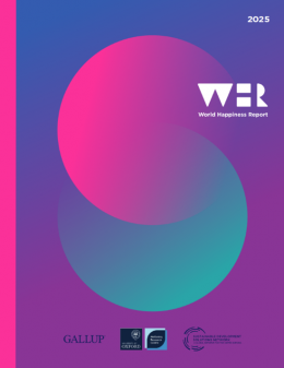 zu sehen ist der Cover des world happiness reports. Der Hintergrund ist blau/lila und darauf sind ein pinker und ein blauer Kreis zusehen die ineinander übergehen. Das WHR logo ist oben rechts und unten sind die Logos der beteiligten Institutionen zu sehen 